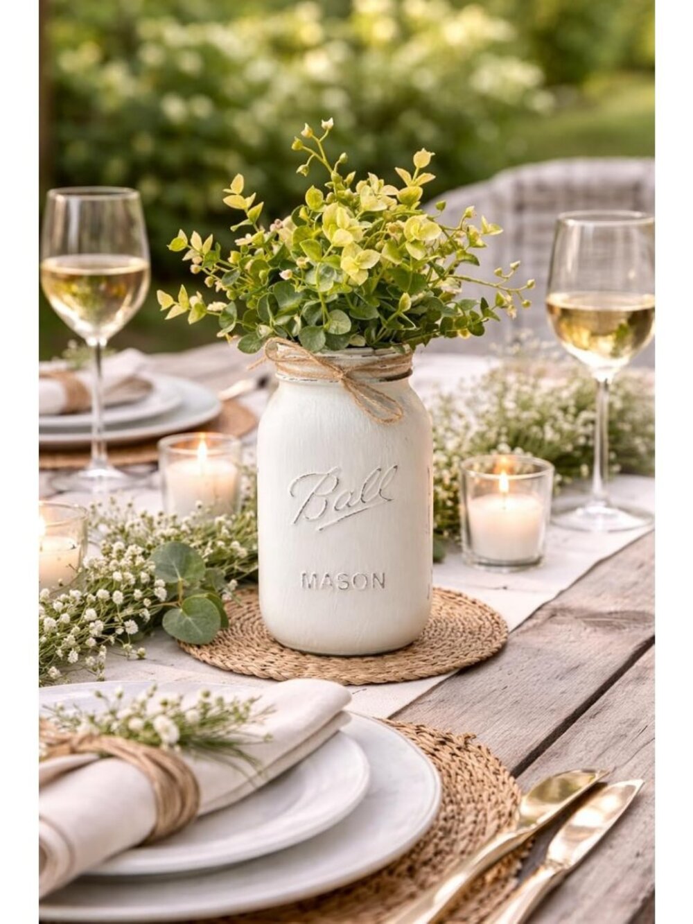 Rustic Farmhouse Mason Jar Centerpiece with Flowers | 10" Dining Table Decor - Picture 4 of 8